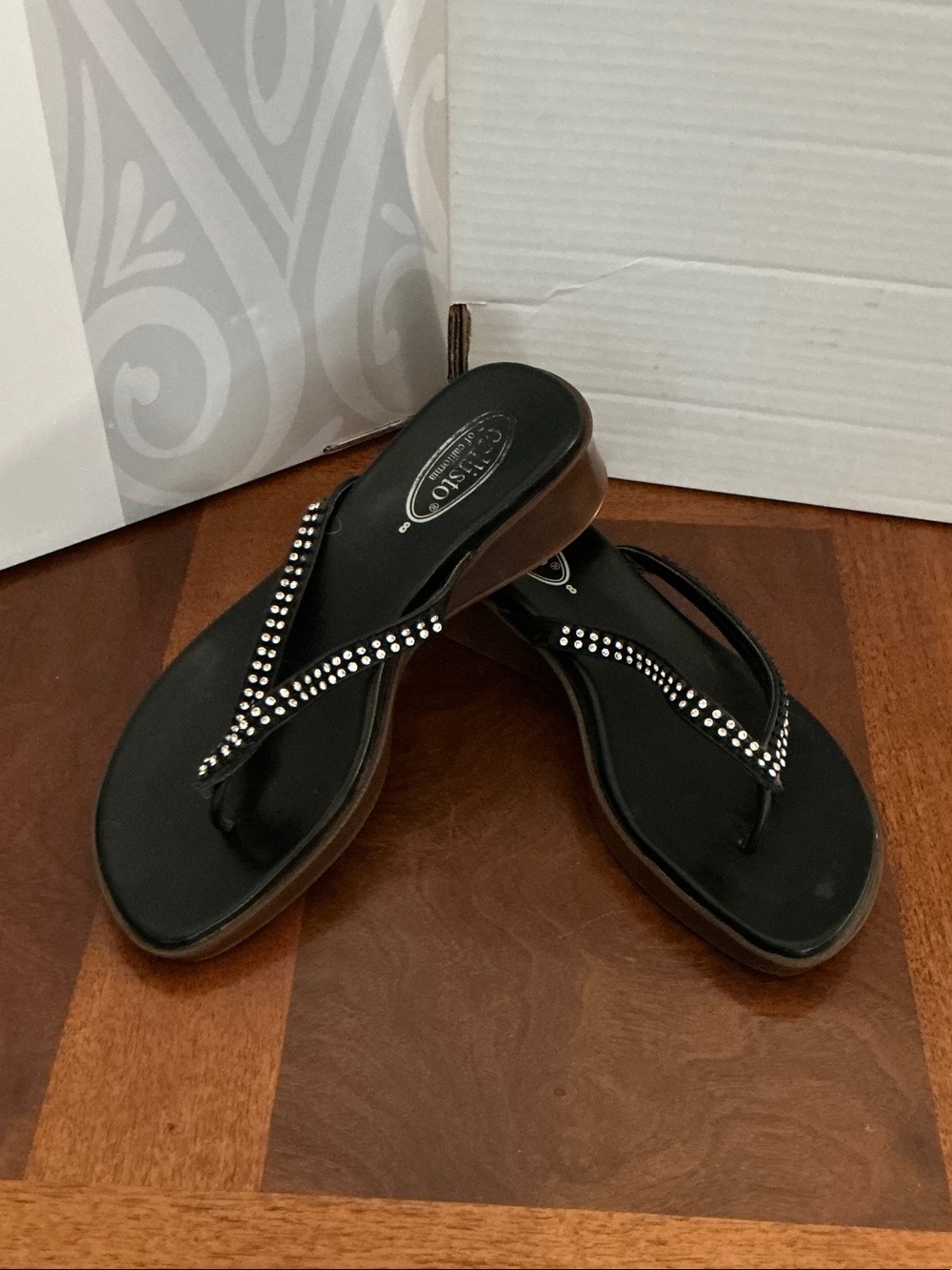 Callisto Black Rhinestone-Trim Flip Flop Sandals